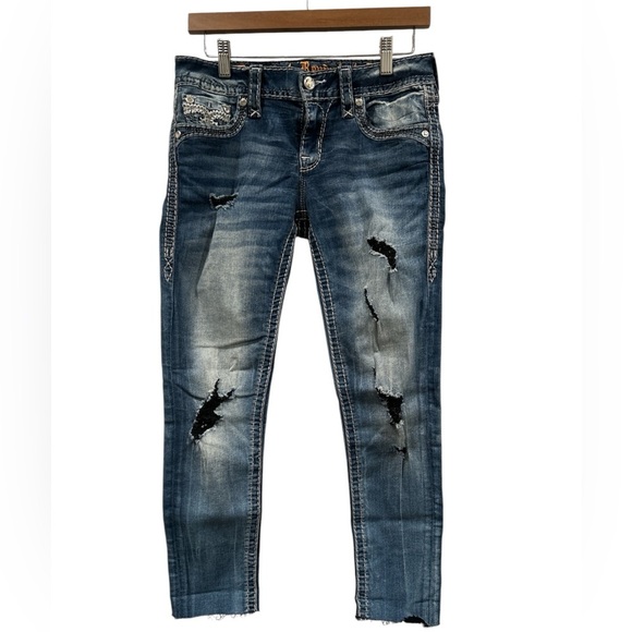 Rock Revival Blue Ankle Cropped Jeans Distressed - Picture 1 of 11